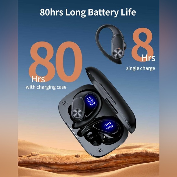 NEW Wireless Bluetooth Earhook Earbuds Headphones 80hr Playtime Water Resistant - Picture 3 of 4